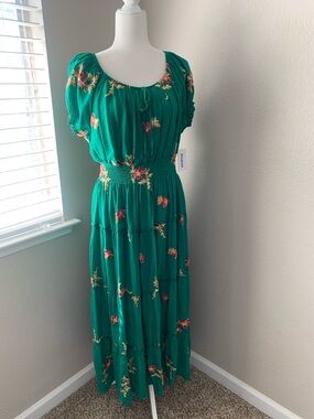 Green Floral Tiered Maxi Dress with Smocked Waist